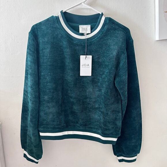 NWT JOA Varsity Pullover Ribbed Velour Sweater in Teal Green Size M Retro Sporty - Picture 3 of 5